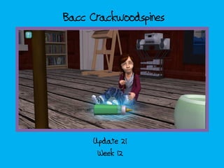 Bacc Crackwoodspines
Week 12
Update 21
Alle plaatjes zijn gedaan.
Tot en met dia 34 is tekst.
Cover + end moeten nog.
 