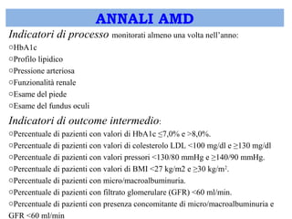 ANNALI AMD 
Indicatori di processo monitorati almeno una volta nell’anno: 
oHbA1c 
oProfilo lipidico 
oPressione arteriosa 
oFunzionalità renale 
oEsame del piede 
oEsame del fundus oculi 
Indicatori di outcome intermedio: 
oPercentuale di pazienti con valori di HbA1c ≤7,0% e >8,0%. 
oPercentuale di pazienti con valori di colesterolo LDL <100 mg/dl e ≥130 mg/dl 
oPercentuale di pazienti con valori pressori <130/80 mmHg e ≥140/90 mmHg. 
oPercentuale di pazienti con valori di BMI <27 kg/m2 e ≥30 kg/m2. 
oPercentuale di pazienti con micro/macroalbuminuria. 
oPercentuale di pazienti con filtrato glomerulare (GFR) <60 ml/min. 
oPercentuale di pazienti con presenza concomitante di micro/macroalbuminuria e 
GFR <60 ml/min 
 