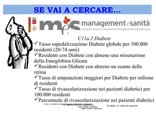 SE VAI A CERCARE… 
C11a.2 Diabete 
Tasso ospedalizzazione Diabete globale per 100.000 
residenti (20-74 anni) 
Residenti con Diabete con almeno una misurazione 
della Emoglobina Glicata 
Residenti con Diabete con almeno un esame della 
retina 
Tasso di amputazioni maggiori per Diabete per milione 
di residenti 
Tasso di rivascolarizzazione nei pazienti diabetici per 
100.000 residenti 
Percentuale di rivascolarizzazione nei pazienti diabetici 
 