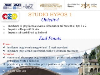 STUDIO HYPOS 1 
Obiettivi 
o Incidenza di ipoglicemia severa e sintomatica nei pazienti di tipo 1 e 2 
o Impatto sulla qualità di vita 
o Impatto sui costi diretti ed indiretti 
End Points 
Primari 
 incidenza ipoglicemie maggiori nei 12 mesi precedenti 
 incidenza ipoglicemie sintomatiche nelle 4 settimane precedenti 
Secondari 
 consumo di risorse per ipoglicemia (accessi ps, ricoveri in ospedale, richiesta di 
ambulanza, visite a domicilio) 
 perdita di giornate lavorative per il paziente o per la persona deputata alla sua 
assistenza o variazione del welfare famigliare (badante, istituzionalizzazione) 
 qualità della vita 
 