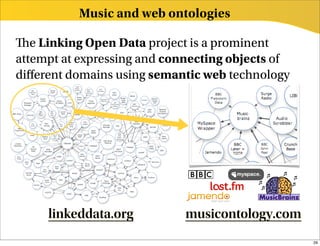 Music and web ontologies

   e Linking Open Data project is a prominent
attempt at expressing and connecting objects of
di erent domains using semantic web technology




     linkeddata.org          musicontology.com
                                                  29
 