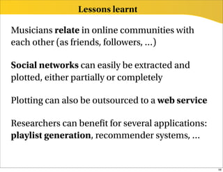 Lessons learnt

Musicians relate in online communities with
each other (as friends, followers, …)

Social networks can eas...