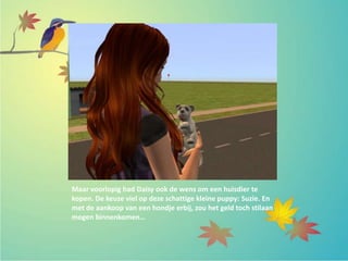 Maar voorlopig had Daisy ook de wens om een huisdier te
kopen. De keuze viel op deze schattige kleine puppy: Suzie. En
met de aankoop van een hondje erbij, zou het geld toch stilaan
mogen binnenkomen…
 