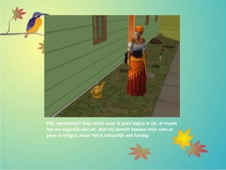 Kijk, wenslamp!! Nog zoiets waar ik geen logica in zie, al maakt
het me eigenlijk niet uit. Wat mij betreft hoeven mijn sims er
geen te krijgen, maar het is natuurlijk wel handig.
 