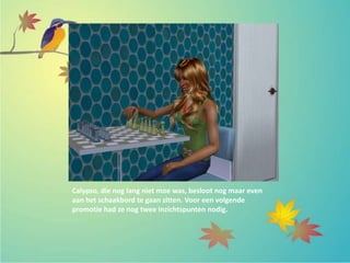 Calypso, die nog lang niet moe was, besloot nog maar even
aan het schaakbord te gaan zitten. Voor een volgende
promotie had ze nog twee Inzichtspunten nodig.
 