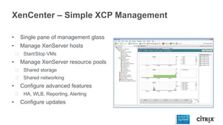 XenCenter – Simple XCP Management
• Single pane of management glass
• Manage XenServer hosts
ᵒ Start/Stop VMs
• Manage XenServer resource pools
ᵒ Shared storage
ᵒ Shared networking
• Configure advanced features
ᵒ HA, WLB, Reporting, Alerting
• Configure updates
 