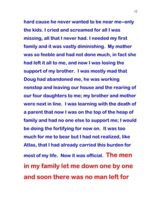 hard cause he never wanted to be near me--only
the kids. I cried and screamed for all I was
missing, all that I never had. I needed my first
family and it was vastly diminishing. My mother
was so feeble and had not done much, in fact she
had left it all to me, and now I was losing the
support of my brother. I was mostly mad that
Doug had abandoned me, he was working
nonstop and leaving our house and the rearing of
our four daughters to me; my brother and mother
were next in line. I was learning with the death of
a parent that now I was on the top of the heap of
family and had no one else to support me; I would
be doing the fortifying for now on. It was too
much for me to bear but I had not realized, like
Atlas, that I had already carried this burden for
most of my life. Now it was official. The men
in my family let me down one by one
and soon there was no man left for
12
 