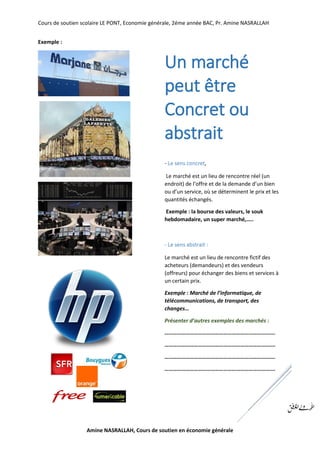 Cours de soutien scolaire LE PONT, Economie générale, 2éme année BAC, Pr. Amine NASRALLAH
Amine NASRALLAH, Cours de soutien en économie générale
Exemple :
Un marché
peut être
Concret ou
abstrait
- Le sens concret,
Le marché est un lieu de rencontre réel (un
endroit) de l’offre et de la demande d’un bien
ou d’un service, où se déterminent le prix et les
quantités échangés.
Exemple : la bourse des valeurs, le souk
hebdomadaire, un super marché,…..
- Le sens abstrait :
Le marché est un lieu de rencontre fictif des
acheteurs (demandeurs) et des vendeurs
(offreurs) pour échanger des biens et services à
un certain prix.
Exemple : Marché de l’informatique, de
télécommunications, de transport, des
changes…
Présenter d’autres exemples des marchés :
…………………………………………………………………….
…………………………………………………………………….
…………………………………………………………………….
…………………………………………………………………….
 