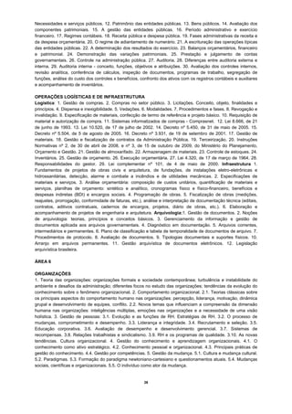 Necessidades e serviços públicos. 12. Patrimônio das entidades públicas. 13. Bens públicos. 14. Avaliação dos
componentes patrimoniais. 15. A gestão das entidades públicas. 16. Período administrativo e exercício
financeiro. 17. Regimes contábeis. 18. Receita pública e despesa pública. 19. Fases administrativas da receita e
da despesa orçamentária. 20. O regime de adiantamento de numerário. 21. A escrituração das operações típicas
das entidades públicas. 22. A determinação dos resultados do exercício. 23. Balanços orçamentários, financeiro
e patrimonial. 24. Demonstração das variações patrimoniais. 25. Prestação e julgamento de contas
governamentais. 26. Controle na administração pública. 27. Auditoria. 28. Diferenças entre auditoria externa e
interna. 29. Auditoria interna - conceito, funções, objetivos e atribuições. 30. Avaliação dos controles internos,
revisão analítica, conferência de cálculos, inspeção de documentos, programas de trabalho, segregação de
funções, análise do custo dos controles x benefícios, confronto dos ativos com os registros contábeis e auxiliares
e acompanhamento de inventários.

OPERAÇÕES LOGÍSTICAS E DE INFRAESTRUTURA
Logística: 1. Gestão de compras. 2. Compras no setor público. 3. Licitações. Conceito, objeto, finalidades e
princípios. 4. Dispensa e inexigibilidade. 5. Vedações. 6. Modalidades. 7. Procedimentos e fases. 8. Revogação e
invalidação. 9. Especificação de materiais, confecção de termo de referência e projeto básico. 10. Requisição de
material e autorização de compra. 11. Sistemas informatizados de compras - Comprasnet. 12. Lei 8.666, de 21
de junho de 1993. 13. Lei 10.520, de 17 de julho de 2002. 14. Decreto nº 5.450, de 31 de maio de 2005. 15.
Decreto nº 5.504, de 5 de agosto de 2005. 16. Decreto nº 3.931, de 19 de setembro de 2001. 17. Gestão de
materiais. 18. Gestão e fiscalização de contratos da Administração Pública. 19. Terceirização. 20. Instruções
Normativas nº 2, de 30 de abril de 2008, e nº 3, de 15 de outubro de 2009, do Ministério do Planejamento,
Orçamento e Gestão. 21. Gestão de almoxarifado. 22. Armazenagem de materiais. 23. Controle de estoques. 24.
Inventários. 25. Gestão de orçamento. 26. Execução orçamentária. 27. Lei 4.320, de 17 de março de 1964. 28.
Responsabilidades do gestor. 29. Lei complementar nº 101, de 4 de maio de 2000. Infraestrutura 1.
Fundamentos de projetos de obras civis e arquitetura, de fundações, de instalações eletro-eletrônicas e
hidrossanitárias, detecção, alarme e combate a incêndios e de utilidades mecânicas. 2. Especificações de
materiais e serviços. 3. Análise orçamentária: composição de custos unitários, quantificação de materiais e
serviços, planilhas de orçamento: sintético e analítico, cronogramas físico e físico-financeiro, benefícios e
despesas indiretas (BDI) e encargos sociais. 4. Programação de obras. 5. Fiscalização de obras (medições,
reajustes, prorrogação, conformidade de faturas, etc.), análise e interpretação de documentação técnica (editais,
contratos, aditivos contratuais, cadernos de encargos, projetos, diário de obras, etc.). 6. Elaboração e
acompanhamento de projetos de engenharia e arquitetura. Arquivologia:1. Gestão de documentos. 2. Noções
de arquivologia: teorias, princípios e conceitos básicos. 3. Gerenciamento da informação e gestão de
documentos aplicada aos arquivos governamentais. 4. Diagnóstico em documentação. 5. Arquivos correntes,
intermediários e permanentes. 6. Plano de classificação e tabela de temporalidade de documentos de arquivo. 7.
Procedimentos de protocolo. 8. Avaliação de documentos. 9. Tipologias documentais e suportes físicos. 10.
Arranjo em arquivos permanentes. 11. Gestão arquivística de documentos eletrônicos. 12. Legislação
arquivística brasileira.

ÁREA 6

ORGANIZAÇÕES
1. Teoria das organizações: organizações formais e sociedade contemporânea; turbulência e instabilidade do
ambiente e desafios da administração; diferentes focos no estudo das organizações; tendências da evolução do
conhecimento sobre o fenômeno organizacional. 2. Comportamento organizacional. 2.1. Teorias clássicas sobre
os principais aspectos do comportamento humano nas organizações: percepção, liderança, motivação, dinâmica
grupal e desenvolvimento de equipes, conflito. 2.2. Novos temas que influenciam a compreensão da dimensão
humana nas organizações: inteligências múltiplas, emoções nas organizações e a necessidade de uma visão
holística. 3. Gestão de pessoas: 3.1. Evolução e as funções de RH. Estratégias de RH. 3.2. O processo de
mudanças, comprometimento e desempenho. 3.3. Liderança e integridade. 3.4. Recrutamento e seleção. 3.5.
Educação corporativa. 3.6. Avaliação de desempenho e desenvolvimento gerencial. 3.7. Sistemas de
recompensas. 3.8. Relações trabalhistas e sindicalismo. 3.9. RH e os programas de qualidade. 3.10. As novas
tendências. Cultura organizacional. 4. Gestão do conhecimento e aprendizagem organizacionais. 4.1. O
conhecimento como ativo estratégico. 4.2. Conhecimento pessoal e organizacional. 4.3. Principais práticas de
gestão do conhecimento. 4.4. Gestão por competências. 5. Gestão da mudança. 5.1. Cultura e mudança cultural.
5.2. Paradigmas. 5.3. Formação do paradigma newtoniano-cartesiano e questionamentos atuais. 5.4. Mudanças
sociais, científicas e organizacionais. 5.5. O indivíduo como ator da mudança.


                                                        26
 