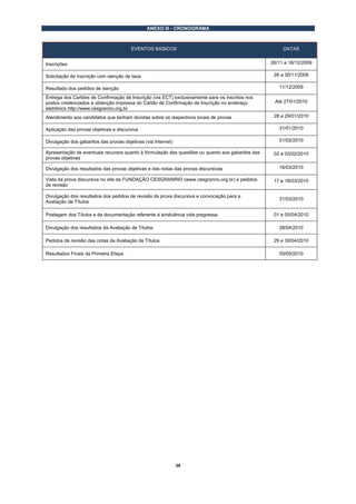 ANEXO III - CRONOGRAMA



                                        EVENTOS BÁSICOS                                                DATAS


Inscrições                                                                                        26/11 a 16/12/2009

Solicitação de inscrição com isenção de taxa                                                       26 a 30/11/2009

Resultado dos pedidos de isenção                                                                     11/12/2009

Entrega dos Cartões de Confirmação de Inscrição (via ECT) exclusivamente para os inscritos nos
postos credenciados e obtenção impressa do Cartão de Confirmação de Inscrição no endereço          Até 27/01/2010
eletrônico http://www.cesgranrio.org.br
Atendimento aos candidatos que tenham dúvidas sobre os respectivos locais de provas                28 e 29/01/2010

Aplicação das provas objetivas e discursiva                                                          31/01/2010

Divulgação dos gabaritos das provas objetivas (via Internet)                                         01/02/2010

Apresentação de eventuais recursos quanto à formulação das questões ou quanto aos gabaritos das    02 e 03/02/2010
provas objetivas

Divulgação dos resultados das provas objetivas e das notas das provas discursivas                    16/03/2010

Vista da prova discursiva no site da FUNDAÇÃO CESGRANRIO (www.cesgranrio.org.br) e pedidos         17 e 18/03/2010
de revisão

Divulgação dos resultados dos pedidos de revisão da prova discursiva e convocação para a
                                                                                                     31/03/2010
Avaliação de Títulos

Postagem dos Títulos e da documentação referente á sindicância vida pregressa                      01 e 05/04/2010

Divulgação dos resultados da Avaliação de Títulos                                                    28/04/2010

Pedidos de revisão das notas da Avaliação de Títulos                                               29 e 30/04/2010

Resultados Finais da Primeira Etapa                                                                  05/05/2010




                                                               28
 