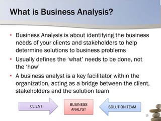 What is Business Analysis?

• Business Analysis is about identifying the business
  needs of your clients and stakeholders to help
  determine solutions to business problems
• Usually defines the ‘what’ needs to be done, not
  the ‘how’
• A business analyst is a key facilitator within the
  organization, acting as a bridge between the client,
  stakeholders and the solution team

       CLIENT          BUSINESS
                                      SOLUTION TEAM
                        ANALYST
                                                      13
 