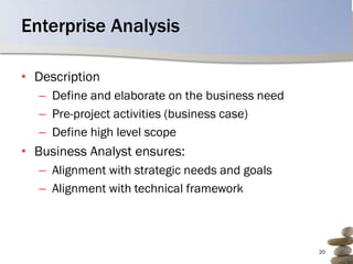 Enterprise Analysis

• Description
  – Define and elaborate on the business need
  – Pre-project activities (business case)
  – Define high level scope
• Business Analyst ensures:
  – Alignment with strategic needs and goals
  – Alignment with technical framework



                                                20
 