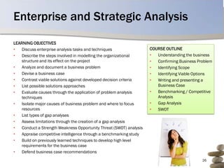 Enterprise and Strategic Analysis
LEARNING OBJECTIVES
•   Discuss enterprise analysis tasks and techniques                 COURSE OUTLINE
•   Describe the steps involved in modelling the organizational      •  Understanding the business
    structure and its effect on the project                          •  Confirming Business Problem
•   Analyze and document a business problem                          •  Identifying Scope
•   Devise a business case                                           •  Identifying Viable Options
•   Contrast viable solutions against developed decision criteria    •  Writing and presenting a
•   List possible solutions approaches                                  Business Case
•   Evaluate causes through the application of problem analysis      •  Benchmarking / Competitive
    techniques                                                          Analysis
•   Isolate major causes of business problem and where to focus      •  Gap Analysis
    resources                                                        •  SWOT
•   List types of gap analyses
•   Assess limitations through the creation of a gap analysis
•   Conduct a Strength Weakness Opportunity Threat (SWOT) analysis
•   Appraise competitive intelligence through a benchmarking study
•   Build on previously learned techniques to develop high level
    requirements for the business case
•   Defend business case recommendations
                                                                                              26
 
