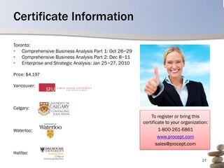 Certificate Information

Toronto:
• Comprehensive Business Analysis Part 1: Oct 26−29
• Comprehensive Business Analysis Part 2: Dec 8−11
• Enterprise and Strategic Analysis: Jan 25−27, 2010

Price: $4,197

Vancouver:



Calgary:
                                                           To register or bring this
                                                       certificate to your organization:
Waterloo:                                                      1-800-261-6861
                                                               www.procept.com
                                                              sales@procept.com
Halifax:
                                                                                     27
 