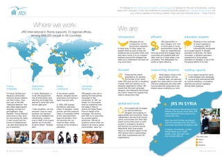 jrs.net5 CASE FOR SUPPORT CASE FOR SUPPORT 2jrs.net
“A change of attitude towards migrants and refugees is needed on the part of everyone, moving
away from attitudes of fear and indifference towards attitudes based on a culture of encounter, the
only culture capable of building a better, more just and fraternal world.” Pope Francis
companions
Refugees are our
companions, not the
anonymous recipients
of hand-outs. In many cases, we
support them as soon as they are
displaced and accompany them until
they return home. It is our constant
presence among the refugees that
helps us to understand how best we
may serve them.
focused
Following the criteria
proposed by St. Ignatius,
the founder of the Jesuit
order, JRS gives priority to situations
of great need and reaches out to
refugees neglected by others. We
ensure that the most vulnerable
refugees, who frequently fall through
the cracks, receive the support they
need to rebuild their lives.
overcoming divisions
While deeply rooted in the
Jesuit tradition and the
Catholic faith, we welcome
people from other faiths to work with
JRS and collaborate with other faith
communities that subscribe to the
shared values underlying our work.
education experts
Building on four centuries
of Jesuit experience
in pedagogy, JRS is
internationally recognised
as an expert agency in refugee
education at all levels. Our latest
innovation, a distance-education
programme to bring tertiary
education to refugees, is one of the
first global efforts of its kind.
efficient
JRS spends $52 on
each refugee, only 10%
of which goes to cover
administration costs. We
keep our organisational
structure simple and engage highly
committed and qualified staff who
often work for a lower salary or as
volunteers. This deliberately low
profile is highly effective.
global and local
Our projects are run largely
by national staff and
refugees, encouraging co-
responsibility and ownership. Close
collaboration with the local Church,
Jesuit communities and other faith-
based communities gives us swift
access to emergency situations
and anchors our services quickly.
Meanwhile, each local project
draws on the global support of the
JRS network and on partnerships
with other humanitarian and UN
organisations.
building capacity
In our teams across the world,
4,400 refugees work alongside
our local and international staff
as cultural mediators, counsellors,
teachers and school managers,
among other positions.
We are:
JRS IN SYRIA
Few aid agencies have access to Syria.
Present in the country since 2008, JRS
helps displaced Syrians thanks to its
strong local links.
More than 600 Christian and Muslim
staff and volunteers work with JRS to
coordinate and deliver emergency relief.
In Aleppo, for example, our field
kitchen feeds up to 10,000
people a day, with each meal
only costing US$0.40.
UY
Z
1
2
3
JRS project sites:
1 Aleppo
2 Homs
3 Damascus
UY
Z
Where we work:
Afghanistan:
Education
In Herat, Afghanistan, a
novel JRS programme
has 50 enthusiastic girls
teaching the English they
learned to some 300 other
school-aged girls.
“I feel wonderful, not only
because I have so many
students, but because
they are so intelligent and
hardworking. I always
pray to Allah to be a good
teacher and to be able
to serve others”, Sharbat
said.
Kenya:
Livelihoods
In the Kenyan capital,
Nairobi, refugees receive
small loans and training in
basic business skills.
In 1993, JRS opened
the Mikono craft shop
where 70 refugees, mostly
women, sell their products.
Faida, a Congolese mother
of five, sells patchwork
bags and jewelery. From
her earnings she can
meet her basic needs
and pay for her children’s
education.
Cambodia:
Advocacy
JRS played a key role in
starting the International
Campaign to Ban
Landmines. In 1997, ex-
soldier Tun Chunnareth
rode his wheelchair onto
the stage in Oslo to
receive the Nobel Peace
Prize on behalf of the
campaign. Still working
with JRS, he is continuing
his crusade against
landmines. “We are all
landmine victims when we
refuse to de-mine or assist
communities”, says Tun.
France:
Hospitality
In France, families and
religious communities
welcome asylum seekers
into their homes. They
form part of the JRS
“Welcome Network” that
also offers legal support,
language courses and
get-togethers. Says
Nadette: “Young Afghans
have come to stay, and I
am discovering the reality
in their country and the
horrors of displacement.
I am also discovering the
joy of receiving.”
JRS International in Rome supports 10 regional offices,
serving 949,000 people in 45 countries.
 