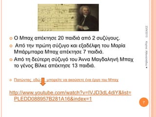 23/9/2013

Ο Μπαρ απέθηεζε 20 παηδηά από 2 ζπδύγνπο.
 Από ηελ πξώηε ζύδπγν θαη εμαδέιθε ηνπ Μαξία
Μπάξκπαξα Μπαρ απέθηεζε 7 παηδηά.
 Από ηε δεύηεξε ζύδπγό ηνπ Άλλα Μαγδαιελή Μπαρ
ην γέλνο Βίιθε απέθηεζε 13 παηδηά.


Παηώληαο εδώ

Κνξίλα Αζαλαζηάδνπ ♥



κπνξείηε λα αθνύζεηε έλα έξγν ηνπ Μπαρ

http://www.youtube.com/watch?v=IVJD3dL4diY&list=
PLEDD088957B281A16&index=1

7

 