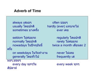 Adverb   of Time always  เสมอๆ   often  บ่อยๆ   usually  โดยปกติ   hardly (ever)  แทบจะไม่ sometimes  บางครั้ง   ever  เคย   seldom  ไม่ค่อยจะ   regularly  โดยปกติ normally  โดยปกติ   rarely  ไม่ค่อยจะ   nowadays  ในปัจจุบันนี้  twice a month  เดือนละ  2  ครั้ง on weekdays  ในวันทำงาน   never  ไม่เคย generally  โดยทั่วไป   frequently  เสมอๆ , บ่อยๆ every day  ทุกๆวัน   every week  ทุกๆสัปดาห์ 