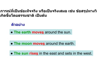 4.  ใช้กับเหตุการณ์ที่เป็นข้อเท็จจริง หรือเป็นจริงเสมอ เช่น ข้อสรุปทางวิทยาศาสตร์  เหตุการณที่เกิดขึ้นโดยธรรมชาติ เป็นต้น  ●  The moon   move s  around the earth. ●  The earth   move s  around the sun. ●  The sun   rise s  in the east and sets in the west. ตัวอย่าง 