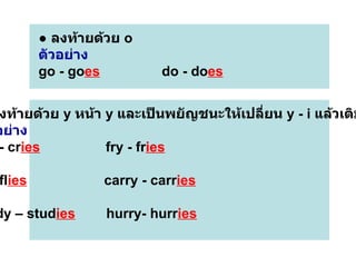 ●  ลงท้ายด้วย  o  ตัวอย่าง go - go es   do - do es   ●   ลงท้ายด้วย  y  หน้า  y  และเป็นพยัญชนะให้เปลี่ยน  y - i  แล้วเติม   es ตัวอย่าง cry - cr ies   fry - fr ies   fly -fl ies   carry - carr ies   study – stud ies   hurry- hurr ies   