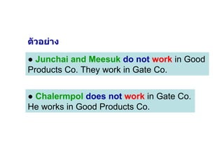 ●  Junchai and Meesuk   do not   work  in Good Products Co. They work in Gate Co. ●  Chalermpol   does not   work  in Gate Co. He works in Good Products Co. ตัวอย่าง 