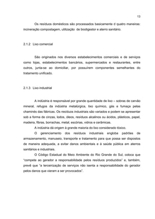 13
Os resíduos domésticos são processados basicamente d quatro maneiras:
incineração compostagem, utilização de biodigestor e aterro sanitário.
2.1.2 Lixo comercial
São originados nos diversos estabelecimentos comerciais e de serviços
como lojas, estabelecimentos bancários, supermercados e restaurantes, entre
outros, junta-se ao domiciliar, por possuírem componentes semelhantes do
tratamento unificado.
2.1.3 Lixo industrial
A indústria é responsável por grande quantidade de lixo – sobras de carvão
mineral, refugos da indústria metalúrgica, lixo químico, gás e fumaça pelas
chaminés das fábricas. Os resíduos industriais são variados e podem se apresentar
sob a forma de cinzas, lodos, óleos, resíduos alcalinos ou ácidos, plásticos, papel,
madeira, fibras, borrachas, metal, escórias, vidros e cerâmicas.
A indústria dá origem à grande maioria do lixo considerado tóxico.
O gerenciamento dos resíduos industriais engloba padrões de
armazenamento, manuseio, transporte e tratamento para que possa ser dispostos
de maneira adequada, a evitar danos ambientais e à saúde pública em aterros
sanitários e industriais.
O Código Estadual do Meio Ambiente do Rio Grande do Sul, coloca que
“compete ao gerador a responsabilidade pelos resíduos produzidos” e, também,
prevê que “a terceirização de serviços não isenta a responsabilidade do gerador
pelos danos que vieram a ser provocados”.
 