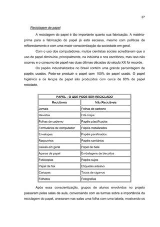 27
Reciclagem de papel
A reciclagem do papel é tão importante quanto sua fabricação. A matéria-
prima para a fabricação do papel já está escassa, mesmo com políticas de
reflorestamento e com uma maior conscientização da sociedade em geral.
Com o uso dos computadores, muitos cientistas sociais acreditavam que o
uso de papel diminuiria, principalmente, na indústria e nos escritórios, mas isso não
ocorreu e o consumo de papel nas duas últimas décadas do século XX foi recorde.
Os papéis industrializados no Brasil contêm uma grande percentagem de
papéis usados. Pode-se produzir o papel com 100% de papel usado. O papel
higiênico e os lenços de papel são produzidos com cerca de 60% de papel
reciclado.
PAPEL - O QUE PODE SER RECICLADO
Recicláveis Não Recicláveis
Jornais Folhas de carbono
Revistas Fita crepe
Folhas de caderno Papéis plastificados
Formulários de computador Papéis metalizados
Envelopes Papéis parafinados
Rascunhos Papéis sanitários
Caixas em geral Papel de bala
Aparas de papel Embalagens de biscoitos
Fotócopias Papéis sujos
Papel de fax Etiquetas adesivo
Cartazes Tocos de cigarros
Folhetos Fotografias
Após essa conscientização, grupos de alunos envolvidos no projeto
passaram pelas salas de aula, conversando com as turmas sobre a importância da
reciclagem do papel, anexaram nas salas uma folha com uma tabela, mostrando os
 