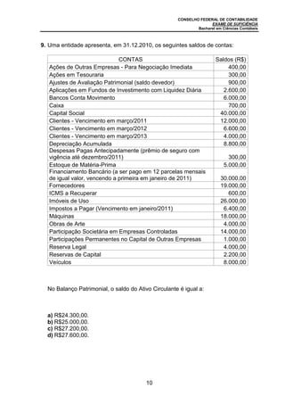 CONSELHO FEDERAL DE CONTABILIDADE
EXAME DE SUFICIÊNCIA
Bacharel em Ciências Contábeis
10
9. Uma entidade apresenta, em 31.12.2010, os seguintes saldos de contas:
CONTAS Saldos (R$)
Ações de Outras Empresas - Para Negociação Imediata 400,00
Ações em Tesouraria 300,00
Ajustes de Avaliação Patrimonial (saldo devedor) 900,00
Aplicações em Fundos de Investimento com Liquidez Diária 2.600,00
Bancos Conta Movimento 6.000,00
Caixa 700,00
Capital Social 40.000,00
Clientes - Vencimento em março/2011 12.000,00
Clientes - Vencimento em março/2012 6.600,00
Clientes - Vencimento em março/2013 4.000,00
Depreciação Acumulada 8.800,00
Despesas Pagas Antecipadamente (prêmio de seguro com
vigência até dezembro/2011) 300,00
Estoque de Matéria-Prima 5.000,00
Financiamento Bancário (a ser pago em 12 parcelas mensais
de igual valor, vencendo a primeira em janeiro de 2011) 30.000,00
Fornecedores 19.000,00
ICMS a Recuperar 600,00
Imóveis de Uso 26.000,00
Impostos a Pagar (Vencimento em janeiro/2011) 6.400,00
Máquinas 18.000,00
Obras de Arte 4.000,00
Participação Societária em Empresas Controladas 14.000,00
Participações Permanentes no Capital de Outras Empresas 1.000,00
Reserva Legal 4.000,00
Reservas de Capital 2.200,00
Veículos 8.000,00
No Balanço Patrimonial, o saldo do Ativo Circulante é igual a:
a) R$24.300,00.
b) R$25.000,00.
c) R$27.200,00.
d) R$27.600,00.
 