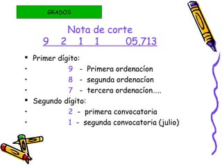 Nota de corte
9 2 1 1 05,713
 Primer dígito:
• 9 - Primera ordenacíon
• 8 - segunda ordenacíon
• 7 - tercera ordenacíon…..
 Segundo dígito:
• 2 - primera convocatoria
• 1 - segunda convocatoria (julio)
GRADOS
 