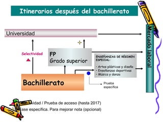 Bachillerato
Universidad
Selectividad FP
Grado superior
ENSEÑANZAS DE RÉGIMEN
ESPECIAL:
• Artes plásticas y diseño
• Enseñanzas deportivas
• Música y danza
Selectividad / Prueba de acceso (hasta 2017)
Fase específica. Para mejorar nota (opcional)
Prueba
específica
Itinerarios después del bachillerato
Mercadolaboral
 