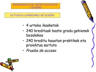 • 4 urteko ikasketak
• 240 kredituak beste gradu gehienek
bezalakoa
• 240 kreditu hauetan praktikak eta
proiektua sartuta
• Prueba de acceso
ESTUDIOS SUPERIORES DE DISEÑO
ENSEÑANZAS DE ARTES PLASTICAS
Y DISEÑO
 