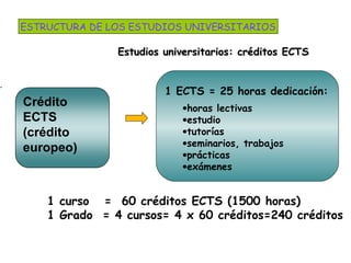 Estudios universitarios: créditos ECTSEstudios universitarios: créditos ECTS
´
Crédito
ECTS
(crédito
europeo)
1 ECTS = 25 horas dedicación:
•horas lectivas
•estudio
•tutorías
•seminarios, trabajos
•prácticas
•exámenes
1 curso = 60 créditos ECTS (1500 horas)
1 Grado = 4 cursos= 4 x 60 créditos=240 créditos
ESTRUCTURA DE LOS ESTUDIOS UNIVERSITARIOS
 