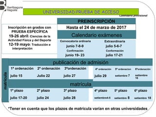 PREINSCRIPCIÓN
Hasta el 24 de marzo de 2017
matrícula
Calendario provisional
Inscripción en grados con
PRUEBA ESPECÍFICA
19-26 abril: Ciencias de la
Actividad Física y del Deporte
12-19 mayo: Traducción e
interpretación
*Tener en cuenta que los plazos de matrícula varían en otras universidades
Convocatoria ordinaria Extraordinaria
junio 7-8-9 julio 5-6-7
Confirmación Conformación
junio 19- 23 julio 17-21
1ª ordenación 2ª ordenación 3ªordenación
julio 15 Julio 22 julio 27
1º plazo 2º plazo 3º plazo
julio 17-20 julio 24 julio 28
matrícula
Calendario exámenes
4ª ordenación 5ª ordenacion 6ªordenación
julio 29 setiembre 7 setiembre
16
publicación de admisión
4º plazo 5º plazo 6º plazo
setiembre4-5 setiembre 8 setiembre 18
UNIVERSIDAD:PRUEBA DE ACCESO
 