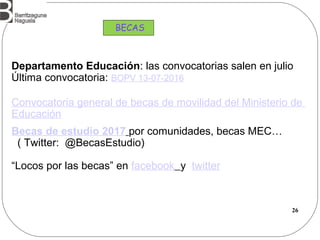 26
Departamento Educación: las convocatorias salen en julio
Última convocatoria: BOPV 13-07-2016
Convocatoria general de becas de movilidad del Ministerio de
Educación
Becas de estudio 2017 por comunidades, becas MEC…
( Twitter: @BecasEstudio)
“Locos por las becas” en facebook y twitter
BECAS
 