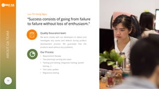 19
ABOUTQATEAM
“Success consists of going from failure
to failure without loss of enthusiasm.”
Luu Thi Hong Ngoc
Quality Assurance team
We work closely with our developers to detect and
investigate any issues and defects during product
development process. We guarantee that the
products work without any problems.
Our Process
• Requirement Review
• Test planning / writing test cases
• Testing (unit testing, integration testing, system
testing,…)
• Test cases update
• Regression testing
 
