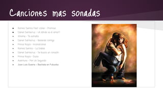 Canciones mas sonadas
●

Romeo Santos Feat. Usher – Promise

●

Daniel Santacruz – ¿A dónde va el amor?

●

Xtreme – Te ex...