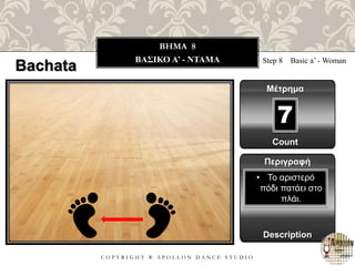 C O P Y R I G H T ® A P O L L O N D A N C E S T U D I O
BHMA 8
ΒΑΣΙΚΟ A’ - ΝΤΑΜΑ Step 8 Basic a’ - Woman
Μέτρημα
Περιγραφή
Description
• Το αριστερό
πόδι πατάει στο
πλάι.
Count
7
Bachata
 