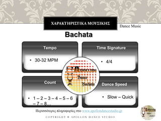 ΧΑΡΑΚΤΗΡΙΣΤΙΚΑ ΜΟΥΣΙΚΗΣ
C O P Y R I G H T ® A P O L L O N D A N C E S T U D I O
Dance Music
Bachata
• 30-32 MPM
Tempo
• 1 – 2 – 3 – 4 – 5 – 6
– 7 – 8…
Count
Time Signature
Dance Speed
Περισσότερες πληροφορίες στο www.apollondancestudio.gr
• 4/4
• Slow – Quick
 