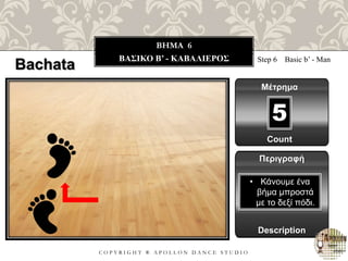 C O P Y R I G H T ® A P O L L O N D A N C E S T U D I O
BHMA 6
ΒΑΣΙΚΟ B’ - ΚΑΒΑΛΙΕΡΟΣ Step 6 Basic b’ - Man
Μέτρημα
Περιγραφή
Description
• Κάνουμε ένα
βήμα μπροστά
με το δεξί πόδι.
Count
5
Bachata
 