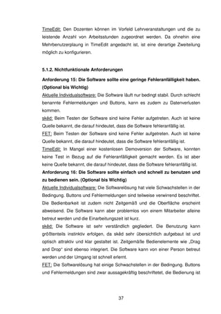 37
TimeEdit: Den Dozenten können im Vorfeld Lehrveranstaltungen und die zu
leistende Anzahl von Arbeitsstunden zugeordnet werden. Da ohnehin eine
Mehrbenutzerplaung in TimeEdit angedacht ist, ist eine derartige Zweiteilung
möglich zu konfigurieren.
5.1.2. Nichtfunktionale Anforderungen
Anforderung 15: Die Software sollte eine geringe Fehleranfälligkeit haben.
(Optional bis Wichtig)
Aktuelle Individualsoftware: Die Software läuft nur bedingt stabil. Durch schlecht
benannte Fehlermeldungen und Buttons, kann es zudem zu Datenverlusten
kommen.
skêd: Beim Testen der Software sind keine Fehler aufgetreten. Auch ist keine
Quelle bekannt, die darauf hindeutet, dass die Software fehleranfällig ist.
FET: Beim Testen der Software sind keine Fehler aufgetreten. Auch ist keine
Quelle bekannt, die darauf hindeutet, dass die Software fehleranfällig ist.
TimeEdit: In Mangel einer kostenlosen Demoversion der Software, konnten
keine Test in Bezug auf die Fehleranfälligkeit gemacht werden. Es ist aber
keine Quelle bekannt, die darauf hindeutet, dass die Software fehleranfällig ist.
Anforderung 16: Die Software sollte einfach und schnell zu benutzen und
zu bedienen sein. (Optional bis Wichtig)
Aktuelle Individualsoftware: Die Softwarelösung hat viele Schwachstellen in der
Bedingung. Buttons und Fehlermeldungen sind teilweise verwirrend beschriftet.
Die Bedienbarkeit ist zudem nicht Zeitgemäß und die Oberfläche erscheint
abweisend. Die Software kann aber problemlos von einem Mitarbeiter alleine
betreut werden und die Einarbeitungszeit ist kurz.
skêd: Die Software ist sehr verständlich gegliedert. Die Benutzung kann
größtenteils instinktiv erfolgen, da skêd sehr übersichtlich aufgebaut ist und
optisch attraktiv und klar gestaltet ist. Zeitgemäße Bedienelemente wie „Drag
and Drop“ sind ebenso integriert. Die Software kann von einer Person betreut
werden und der Umgang ist schnell erlernt.
FET: Die Softwarelösung hat einige Schwachstellen in der Bedingung. Buttons
und Fehlermeldungen sind zwar aussagekräftig beschriftetet, die Bedienung ist
 