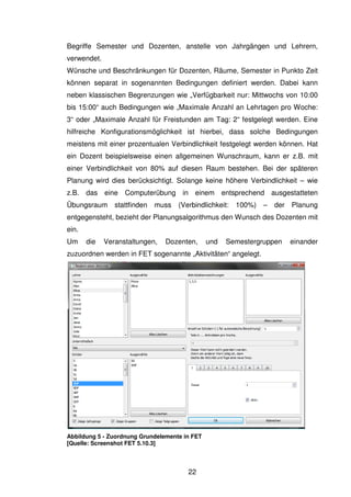 22
Begriffe Semester und Dozenten, anstelle von Jahrgängen und Lehrern,
verwendet.
Wünsche und Beschränkungen für Dozenten, Räume, Semester in Punkto Zeit
können separat in sogenannten Bedingungen definiert werden. Dabei kann
neben klassischen Begrenzungen wie „Verfügbarkeit nur: Mittwochs von 10:00
bis 15:00“ auch Bedingungen wie „Maximale Anzahl an Lehrtagen pro Woche:
3“ oder „Maximale Anzahl für Freistunden am Tag: 2“ festgelegt werden. Eine
hilfreiche Konfigurationsmöglichkeit ist hierbei, dass solche Bedingungen
meistens mit einer prozentualen Verbindlichkeit festgelegt werden können. Hat
ein Dozent beispielsweise einen allgemeinen Wunschraum, kann er z.B. mit
einer Verbindlichkeit von 80% auf diesen Raum bestehen. Bei der späteren
Planung wird dies berücksichtigt. Solange keine höhere Verbindlichkeit – wie
z.B. das eine Computerübung in einem entsprechend ausgestatteten
Übungsraum stattfinden muss (Verbindlichkeit: 100%) – der Planung
entgegensteht, bezieht der Planungsalgorithmus den Wunsch des Dozenten mit
ein.
Um die Veranstaltungen, Dozenten, und Semestergruppen einander
zuzuordnen werden in FET sogenannte „Aktivitäten“ angelegt.
Abbildung 5 - Zuordnung Grundelemente in FET
[Quelle: Screenshot FET 5.10.3]
 