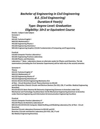 Bachelor of Engineering in Civil Engineering 
B.E. (Civil Engineering) 
Duration:4 Year(s) 
Type: Degree Level: Graduation 
Eligibility: 10+2 or Equivalent Course 
Details:- Subject Code Subject 
Semester-I 
Theory 
HS1101 Technical English I 
MA1101 Mathematics I 
HS1102 Engineering Physics I 
HS1103 Engineering Chemistry I 
ME1101 Engineering Graphics CS1101 Fundamentals of Computing and Programming 
Practical 
CS1102 Computer Practice Laboratory I 
GE1101 Engineering Practices Laboratory 
HS1104 Physics and Chemistry 
Laboratory I * Note:- Laboratory classes on alternate weeks for Physics and Chemistry. The lab examinations (including the First Semester Experiments) will be held only in the second semester. 
Semester-II 
Theory 
HS1151 Technical English II* 
MA1151 Mathematics II* 
HS1152 Engineering Physics II* 
HS1153 Engineering Chemistry II* 
CE1151 EE1151 EE1152 Engineering Mechanics (For 
all Non - Circuit Branches) Circuit Theory (Common to EEE,EIE 
and ICE Branches ) Electric Circuits and Electron Devices (For ECE, CSE, IT and Bio- Medical Engineering Branches) 
EE1153 GE1151 Basic Electrical & Electronics Engineering (Common to branches under Civil, 
Mechanical and Technology Faculties) Basic Civil & Mechanical Engineering (Common to branches under Electrical Engineering and Information & Communication Engineering Faculties) 
Practical 
CS1151 Computer Practice Laboratory II* 
HS1154 Physics & Chemistry Laboratory II* 
ME1151 EE1154 EE1155 Computer Aided Drafting and Modeling Laboratory (For all Non - Circuit Branches) 
Electrical Circuits Laboratory (Common to EEE,EIE and ICE 
Branches ) Circuits and Devices Laboratory (For ECE, CSE, IT and 
Bio-Medical Engineering Branches) 
 