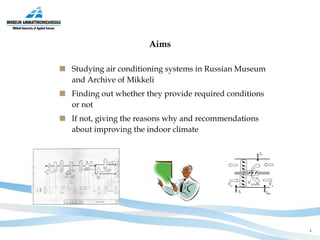 Aims Studying air conditioning systems in Russian Museum and Archive of Mikkeli Finding out whether they provide required conditions or not If not, giving the reasons why and recommendations about improving the indoor climate 