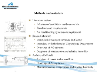 Methods and materials Literature review Influence of conditions on the materials Standards and requirements Air conditioning systems and equipment Russian Museum  Exhibition   of wooden furniture and fabric Interview with the head of Climatology Department Drawings of AC-systems Diagrams of temperature and relative humidity Archive of Mikkeli  Archives of books and microfilms Drawings of AC-systems Measurements of temperature and relative humidity 