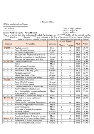 Bachelor's Transcript - Mohammad Mahdi Farshadian | PDF