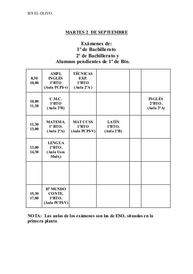 calendario exámenes recuperación bachillerato septiembre 2014 calendario septiembre 2014