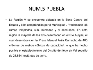 NUM.5 PUEBLA
• La Región V se encuentra ubicada en la Zona Centro del
Estado y está comprendida por 8 Municipios . Predominan los
climas templados, sub- húmedos y el semi-seco. En esta
región la mayoría de los ríos desenfocan en el Río Atoyac, el
cual desemboca en la Presa Manuel Ávila Camacho de 405
millones de metros cúbicos de capacidad, lo que ha hecho
posible el establecimiento del Distrito de riego en Val sequillo
de 21,864 hectáreas de tierra.
 