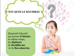 C'EST QUOI LE BACHIBAC ?
Dispositif éducatif
qui permet d'obtenir,
au même temps,
les diplômes
du Bachillerato
et du Baccalauréat.
 