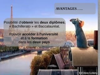 AVANTAGES…...
Posibilité d'obtenir les deux diplômes,
« Bachillerato » et Baccalauréat.
Pouvoir accéder à l'université
et à la formation
dans les deux pays.
 