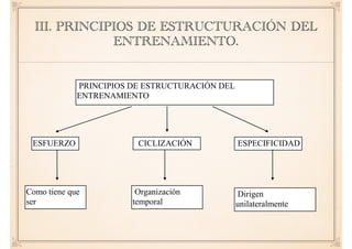 III. PRINCIPIOS DE ESTRUCTURACIÓN DEL
ENTRENAMIENTO.
TEORÍA DEL ENTRENAMIENTO DEPORTIVO
4.- PRINCIPIOS DE ESTRUCTURACIÓN DEL ENTRENAMIENTO
DEPORTIVO.
Los principios que vamos a desarrollar, son los que generalmente
todo el mundo considera importantes. Podemos encontrar más principios de
PRINCIPIOS DE ESTRUCTURACIÓN DEL
ENTRENAMIENTO
ESFUERZO CICLIZACIÓN ESPECIFICIDAD
Como tiene que
ser
Organización
temporal
Dirigen
unilateralmente
 
