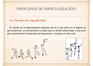 PRINCIPIOS DE ESPECIALIZACIÓN.
3.1. Principio de especificidad.
En función de la especialización deportiva que es lo que prima en el deporte de
alto rendimiento, el entrenamiento se dirige hacia un ámbito determinado, y esto hace
que concentremos el tiempo del cual disponemos, a trabajar una sola cosa.
 